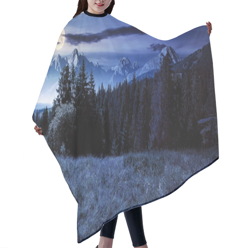 Personality  Composite Mountain Landscape In Summer At Night. Spruce Forest Down In The Valley In Full Moon Light. High Peaks Of Rocky Ridge In The Distance Hair Cutting Cape