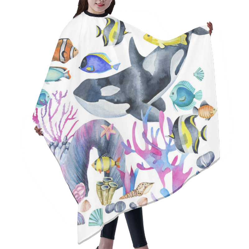 Personality  Watercolor Killer Whale And Oceanic Tropical Exotic Fishes Among The Corals Illustration, Hand Painted On A White Background Hair Cutting Cape