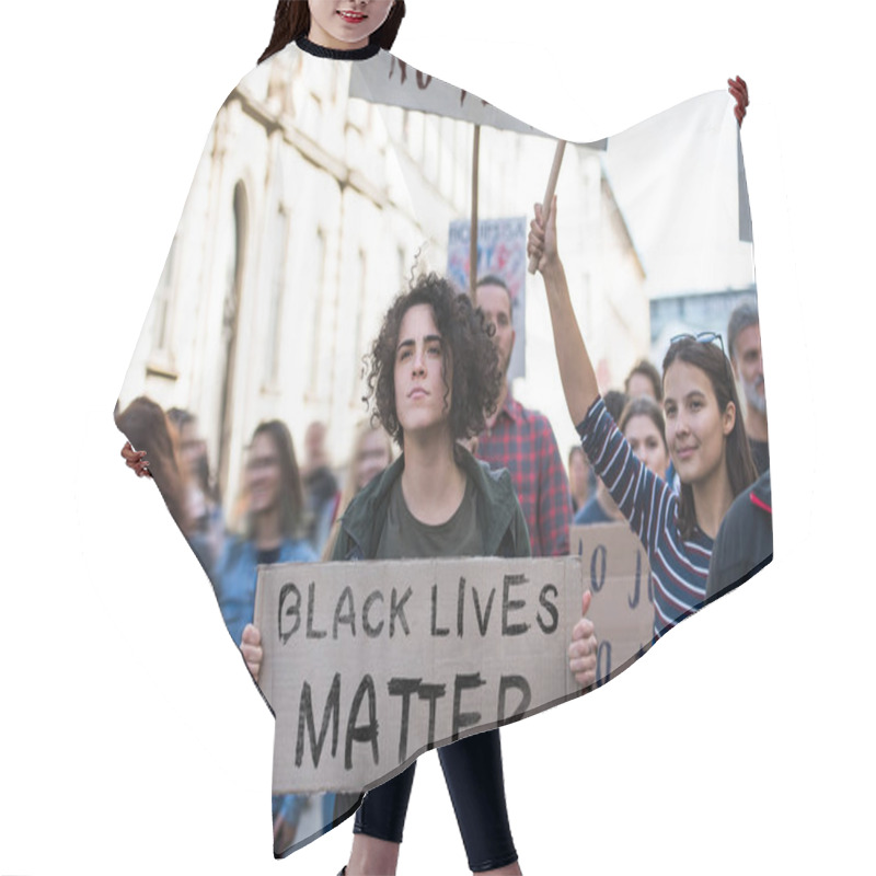 Personality  Black Lives Matters Protesters Holding Signs And Marching Outdoors In Streets. Hair Cutting Cape