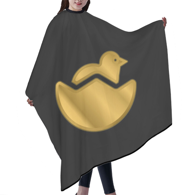 Personality  Baby Chicken And Half Egg Shell Gold Plated Metalic Icon Or Logo Vector Hair Cutting Cape