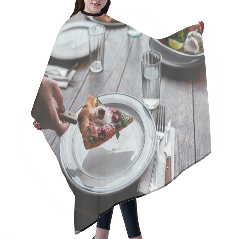 Personality  Cropped Shot Of Woman Serving Slice Of Delicious Pizza On Plate At Restaurant Hair Cutting Cape