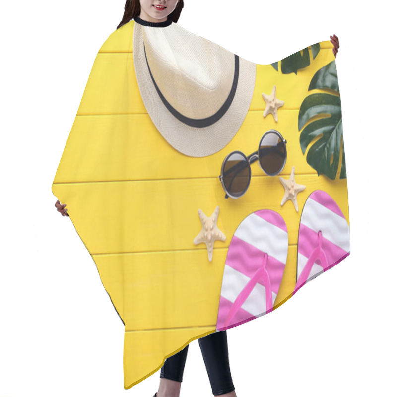 Personality  Beach Accessories With Starfishes And Monstera Leafs On Wooden Table Hair Cutting Cape