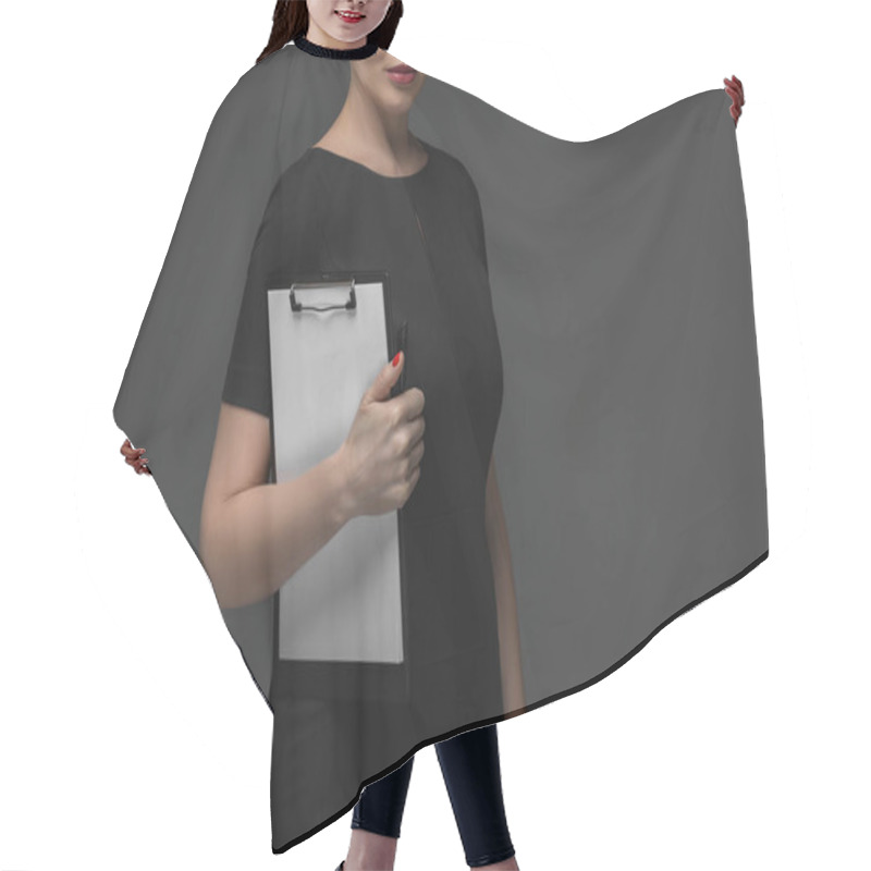 Personality  Cropped Shot Of Kazakh Businesswoman Holding Clipboard Isolated On Grey Hair Cutting Cape