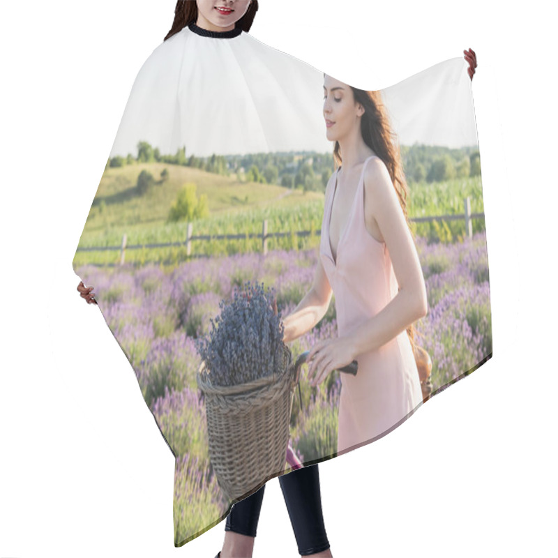 Personality  Pretty Woman With Bicycle And Lavender Flowers In Wicker Basket Walking In Field Hair Cutting Cape