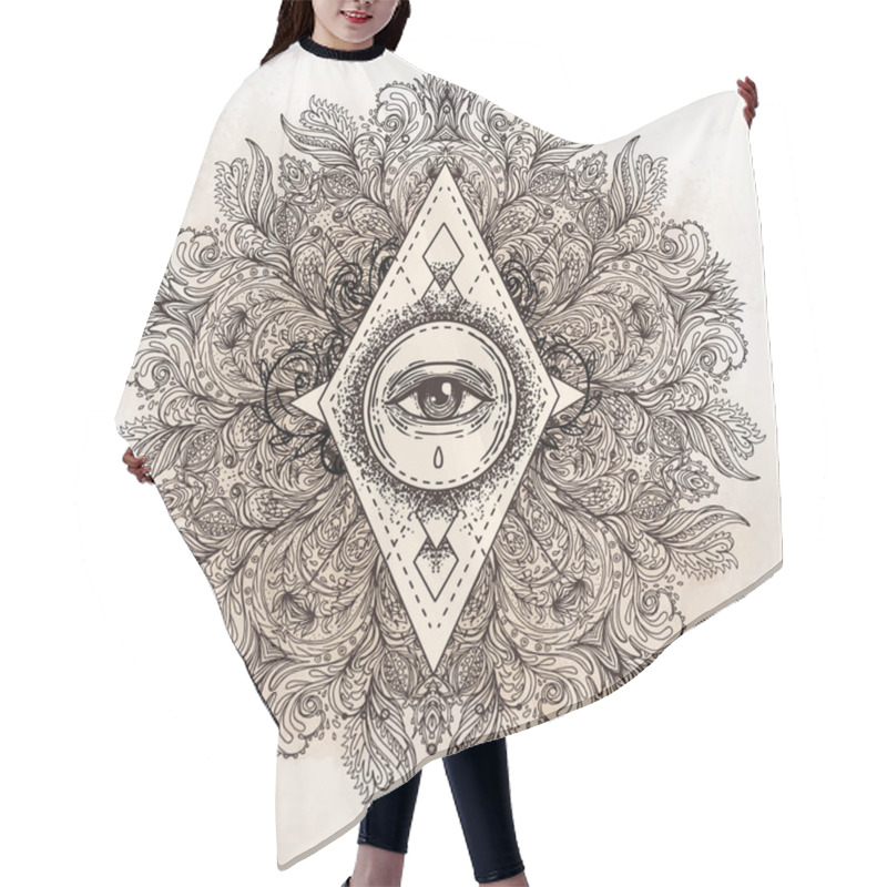 Personality  All Seeing Eye In Ornate Round Mandala Pattern. Mystic, Alchemy, Hair Cutting Cape