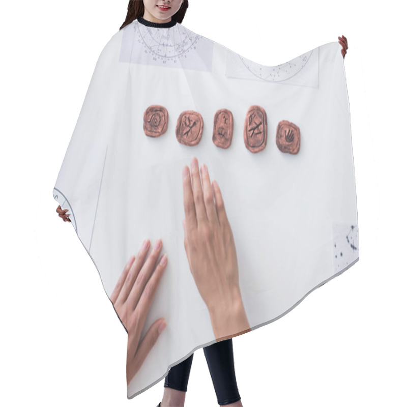 Personality  Top View Of Cropped Oracle Near Clay Runes And Star Charts On Table Hair Cutting Cape