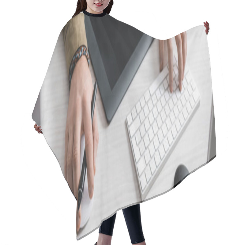 Personality  Cropped View Of Digital Designer Using Computer Keyboard And Mouse Near Graphics Tablet On Table, Panoramic Shot Hair Cutting Cape