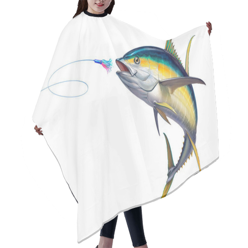 Personality  Yellow Tuna Black Fin Attacks Bait Sea Swim Squids. Realistic Illustration Of Yellow Tuna White Background Isolate. Hair Cutting Cape