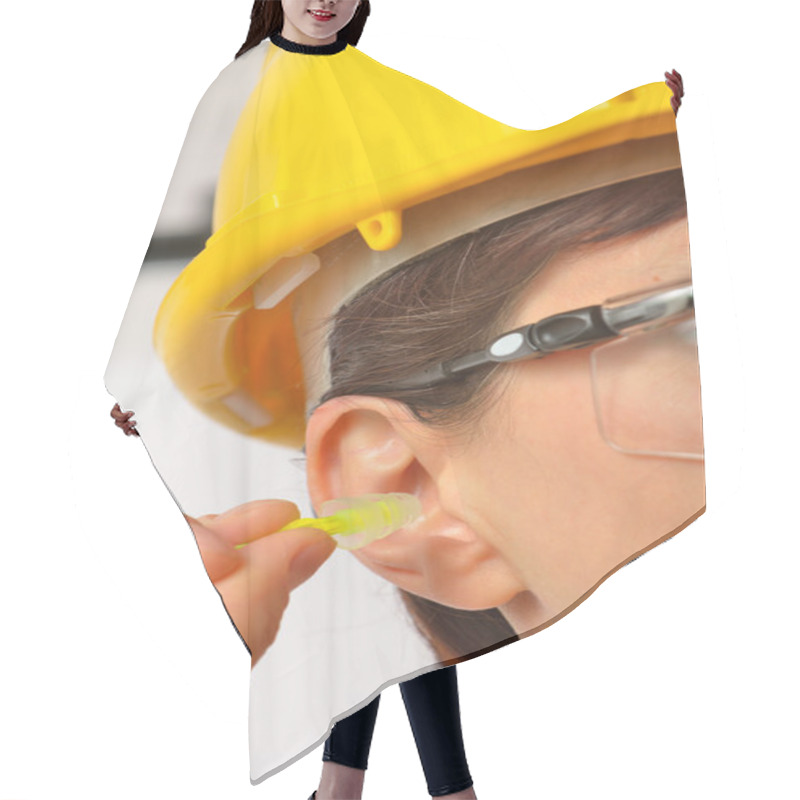 Personality  Woman With Protective Ear Plugs Hair Cutting Cape