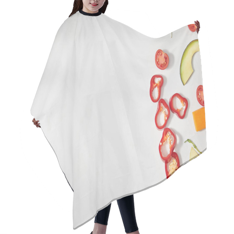 Personality  Top View Of Cut Chili Pepper, Pumpkin And Cherry Tomatoes With Avocado Slices On White Background Hair Cutting Cape