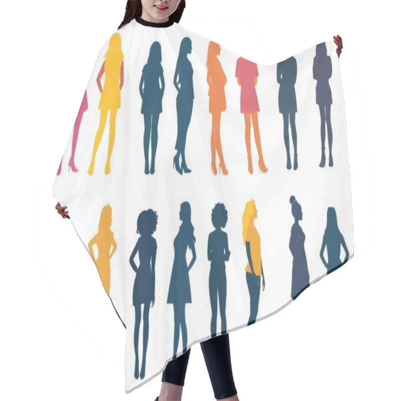 Personality  A Vibrant Collection Of Diverse Female Silhouettes Showcasing Unique Styles And Body Shapes, Set Against A Clean White Background. Hair Cutting Cape