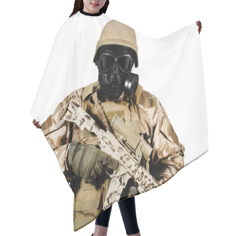 Personality  Isolated Soldier In Uniform And Gas Mask Standing With Rifle. Hair Cutting Cape