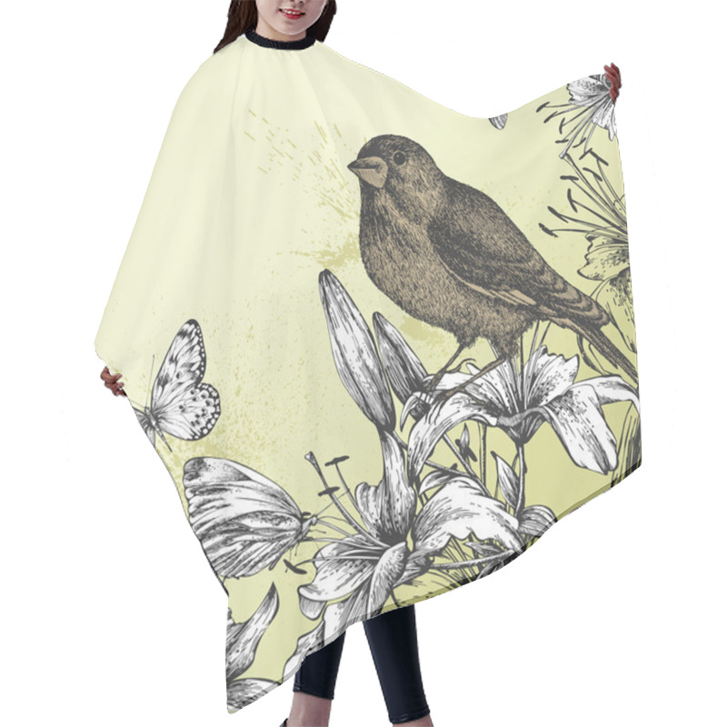 Personality  Background With Blooming Lilies, Butterflies And Bird Sitting. V Hair Cutting Cape