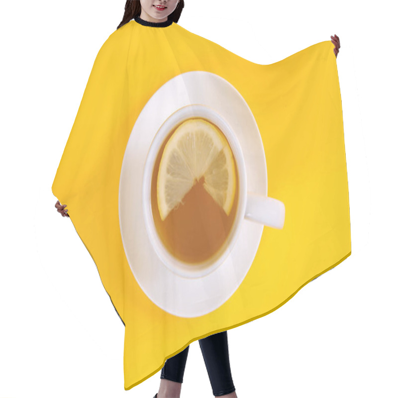 Personality  Top View Of Lemon Tea On Yellow Background Hair Cutting Cape