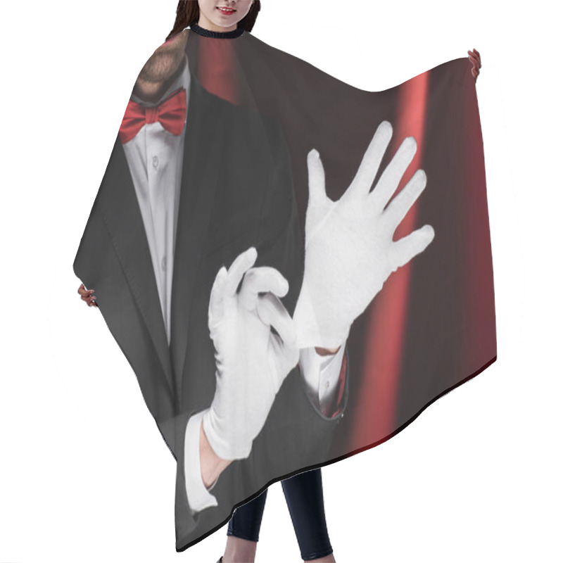 Personality  Cropped View Of Magician Wearing Gloves In Circus With Red Curtains Hair Cutting Cape