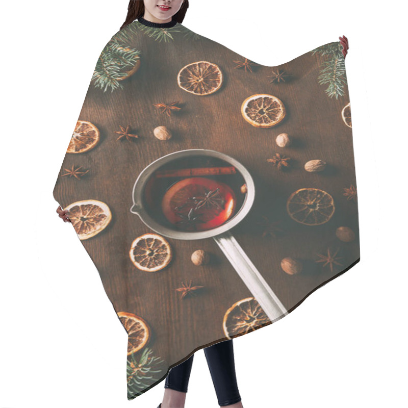 Personality  Top View Of Hot Spiced Wine In Saucepan With Dried Orange Slices On Wooden Background With Pine Branches Hair Cutting Cape