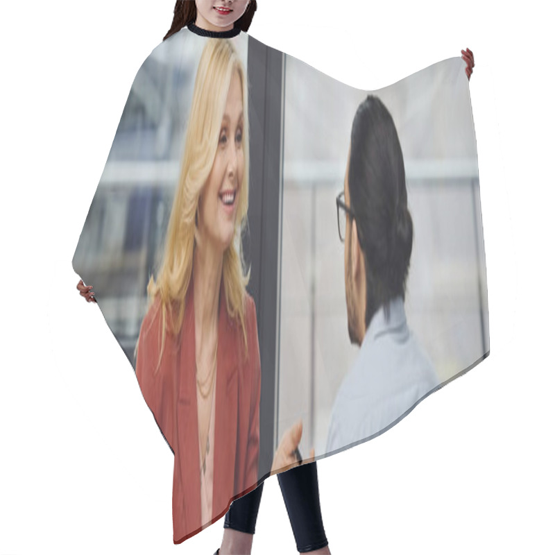 Personality  A Woman Engages In Conversation With A Man In The Office Setting. Hair Cutting Cape