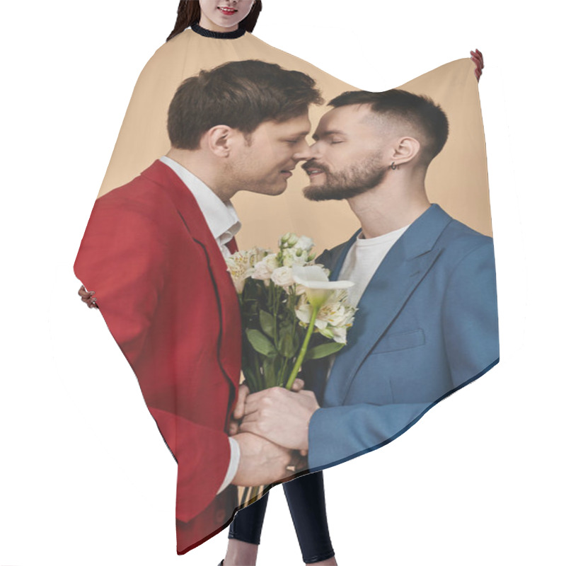 Personality  Two Men In Elegant Suits Share A Loving Moment, Holding A Bouquet Of White Flowers. Hair Cutting Cape