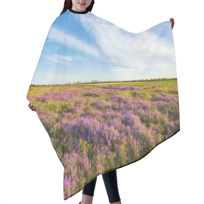 Personality  Purple Flowers On A Meadow And Sunset Hair Cutting Cape