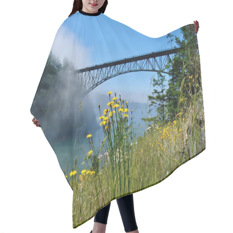 Personality  Scenic View Of Deception Pass Bridge In Summer Day With Fog And Wildflowes On Cliff. Hair Cutting Cape