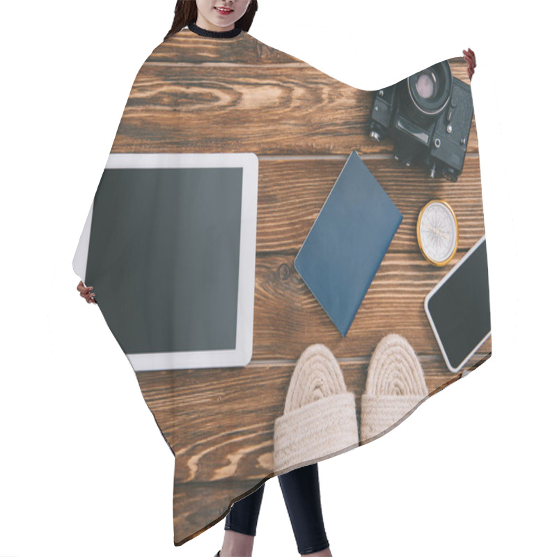 Personality  Top View Of Digital Devices, Retro Film Camera, Passport And Wicker Sandals On Wooden Surface Hair Cutting Cape