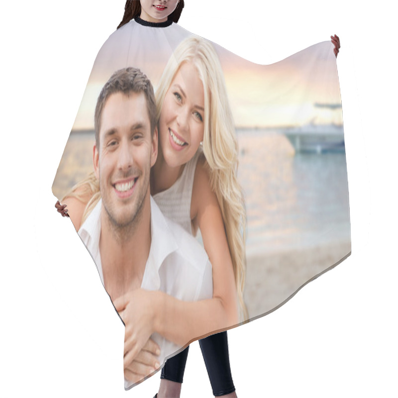 Personality  Happy Couple Having Fun Over Beach Background Hair Cutting Cape