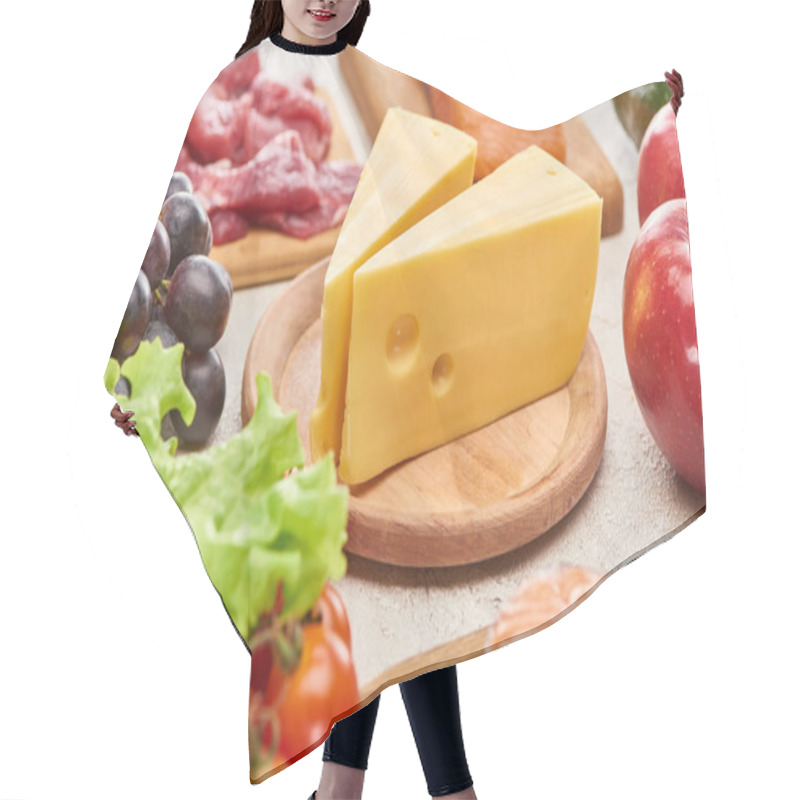 Personality  Cheese On Wooden Cutting Board Near Assorted Meat, Fish Fruits And Vegetables Hair Cutting Cape