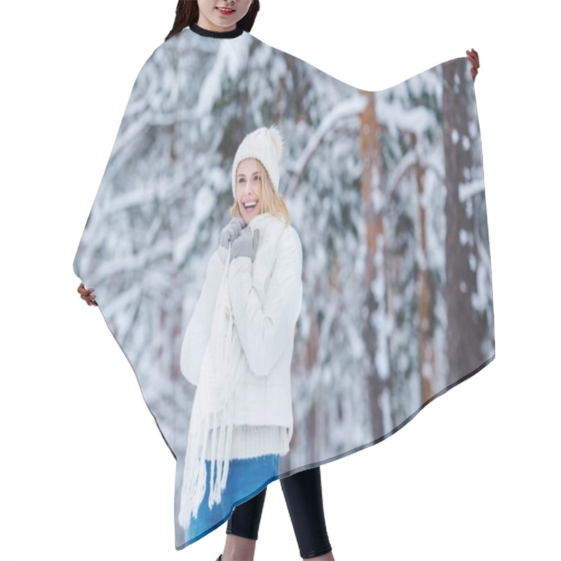 Personality  Portrait Of Beautiful Happy Woman In Snowy Winter Forest Hair Cutting Cape