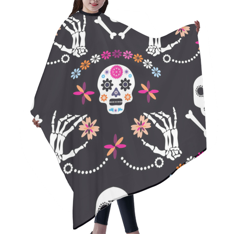 Personality  Mexican Seamless Pattern,sugar Skulls And  Flowers. Template  For Mexican Celebration, L Mexico Skeleton Decoration. Dia De Los Muertos, Day Of The Dead . Halloween. Vector Illustration. Hair Cutting Cape