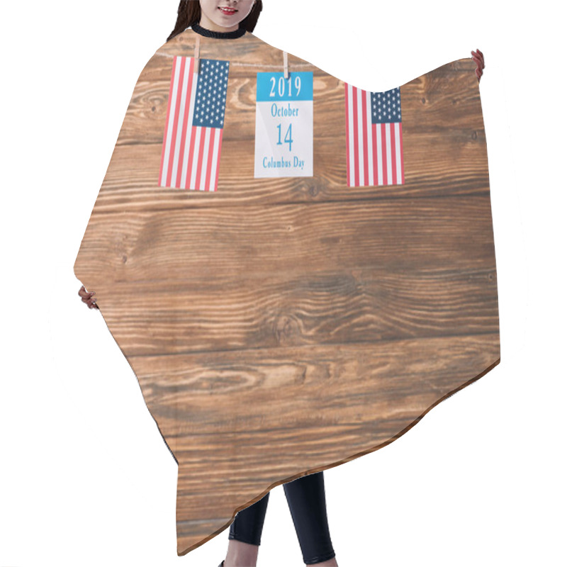 Personality  Calendar  With 14 October Date Between American National Flags On Wooden Surface Hair Cutting Cape