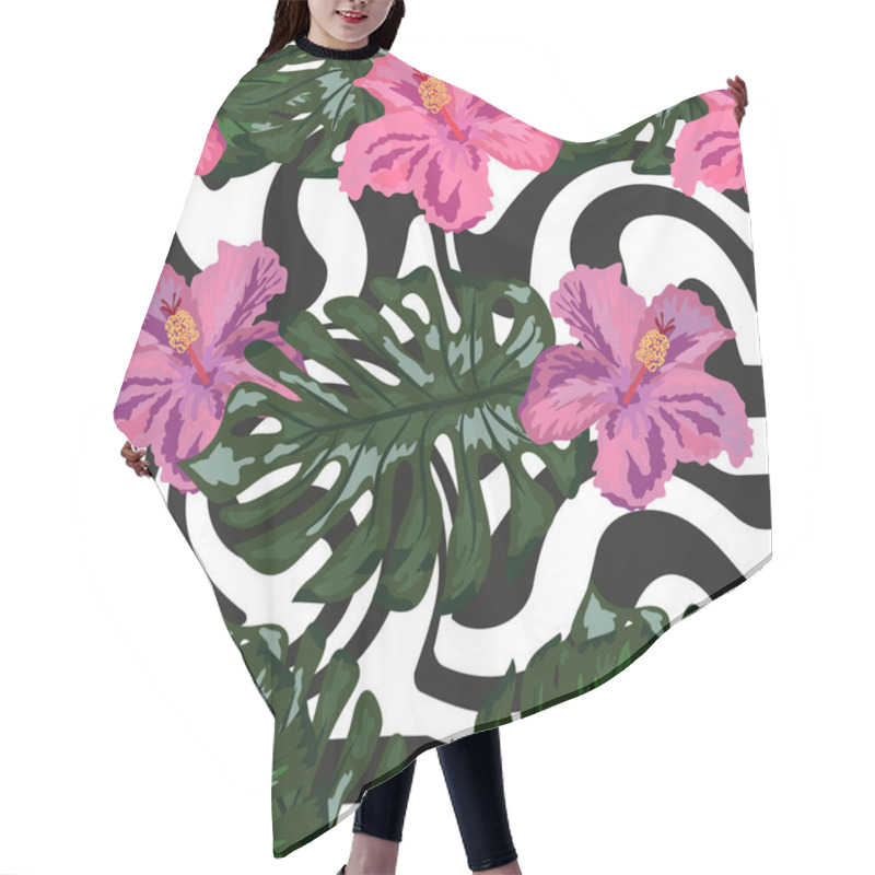 Personality  Seamless Pattern With Tropical Orchid And Hibiscus Flowers, Palm, Banana And Monstera Leaves On Striped Background. Hair Cutting Cape