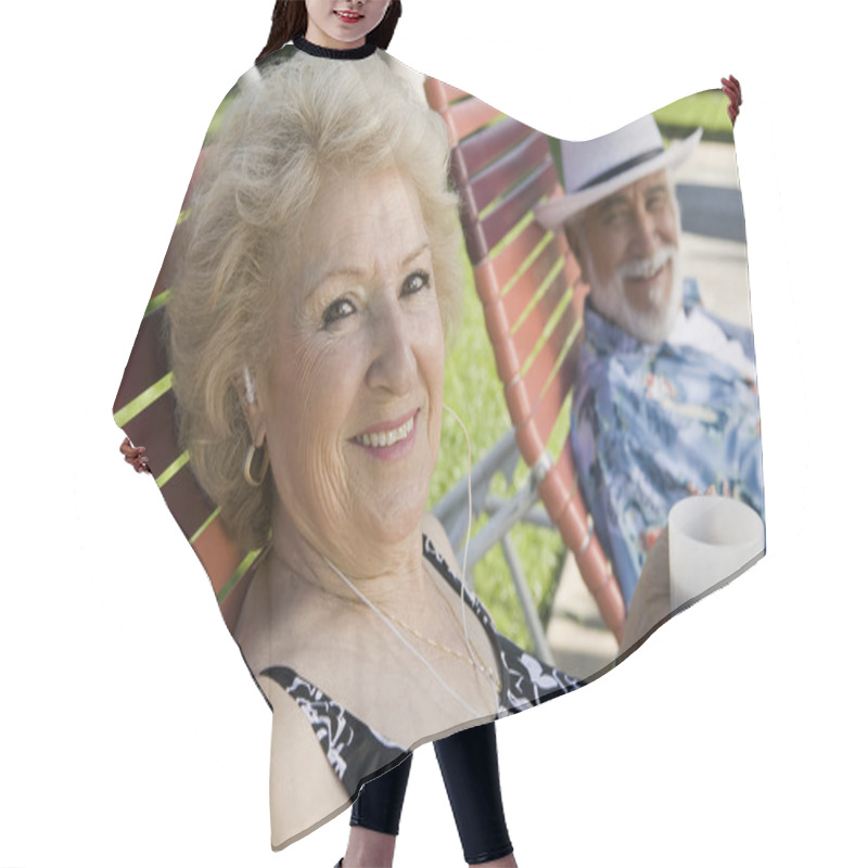 Personality  Senior Couple Sitting On Lawn Chairs Hair Cutting Cape