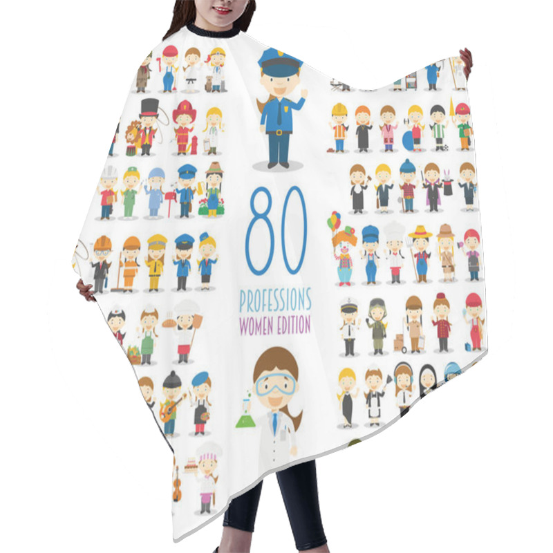 Personality  Kids Vector Characters Collection: Set Of 80 Different Professions In Cartoon Style. Women Edition. Hair Cutting Cape