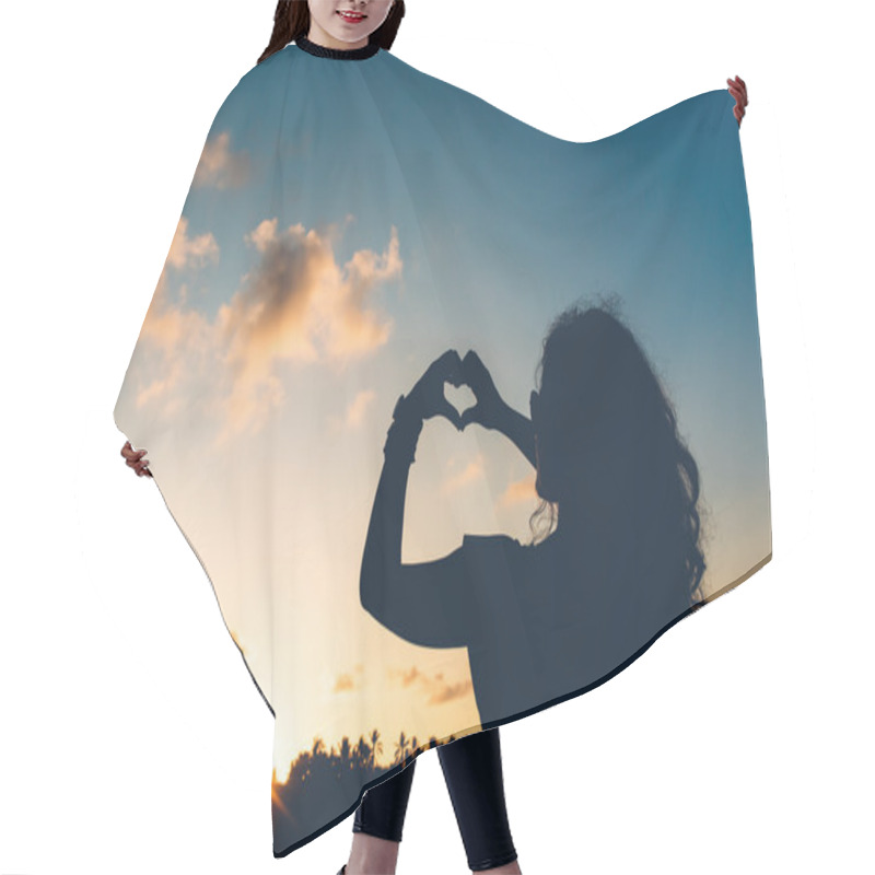 Personality  Happiness Concept, Silhouette Of Woman Showing Love, Making Heart Shaped Gestures With Hands And Enjoying Sunset At Exotic Resort On Beach Hair Cutting Cape