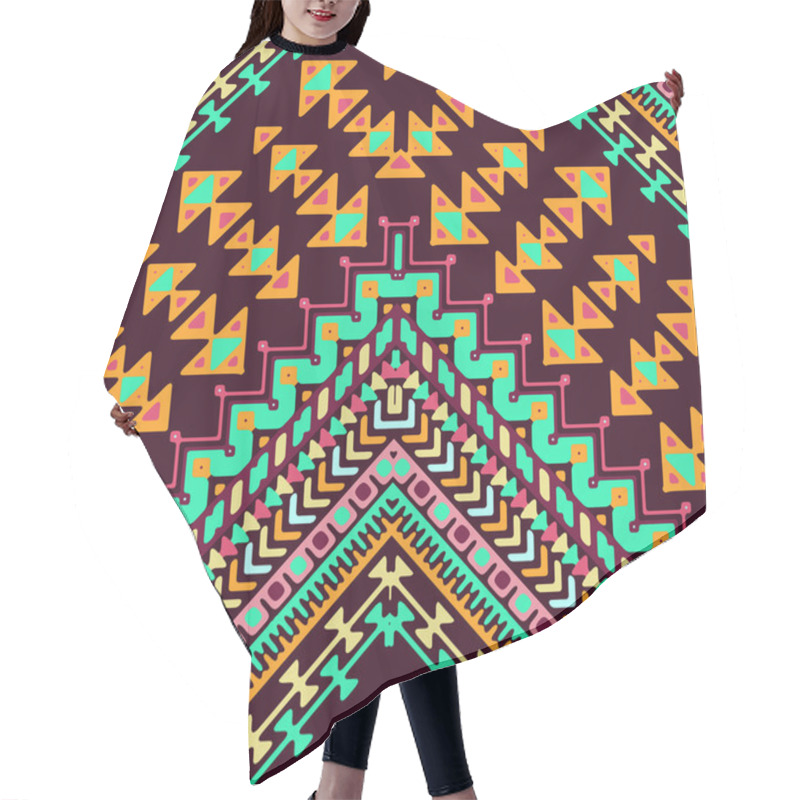 Personality  Seamless Hand Drawn Chevron Pattern With Aztec Ethnic And Tribal Ornament. Vector Dark And Bright Colors Boho Fashion Illustration. Hair Cutting Cape