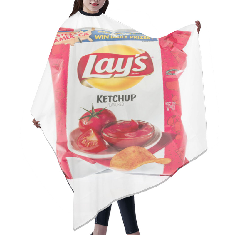 Personality  Winneconne, WI - 2 August 2018: A Bag Of Lay's  Chips In Ketchup Flavor On An Isolated Background Hair Cutting Cape