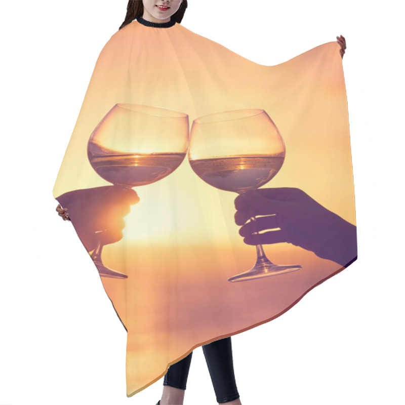 Personality  Man And Woman Clanging Wine Glasses With Champagne At Sunset Dra Hair Cutting Cape