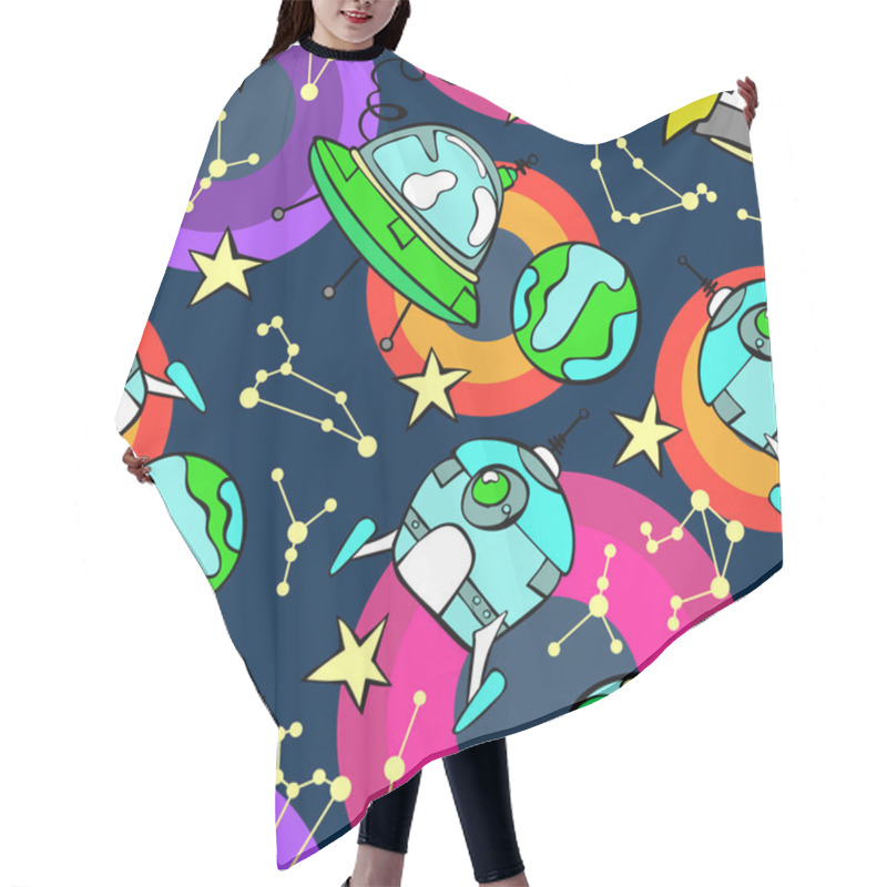 Personality  Space Print. Rocket, Flying Saucer, Planets And Stars. Seamless Vector Pattern (background). Hair Cutting Cape