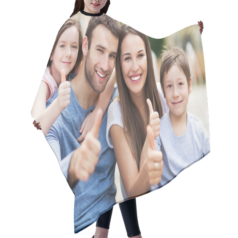 Personality  Family Portrait With Thumbs Up Hair Cutting Cape