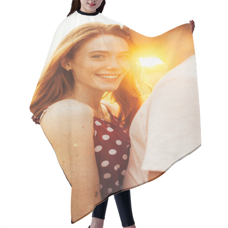 Personality  Close-up Portrait Of Boy Kissing Forehead Of His Freckled Girlfriend During Autumn Walk In The Golden Wheat Field. Happy Family. Hair Cutting Cape