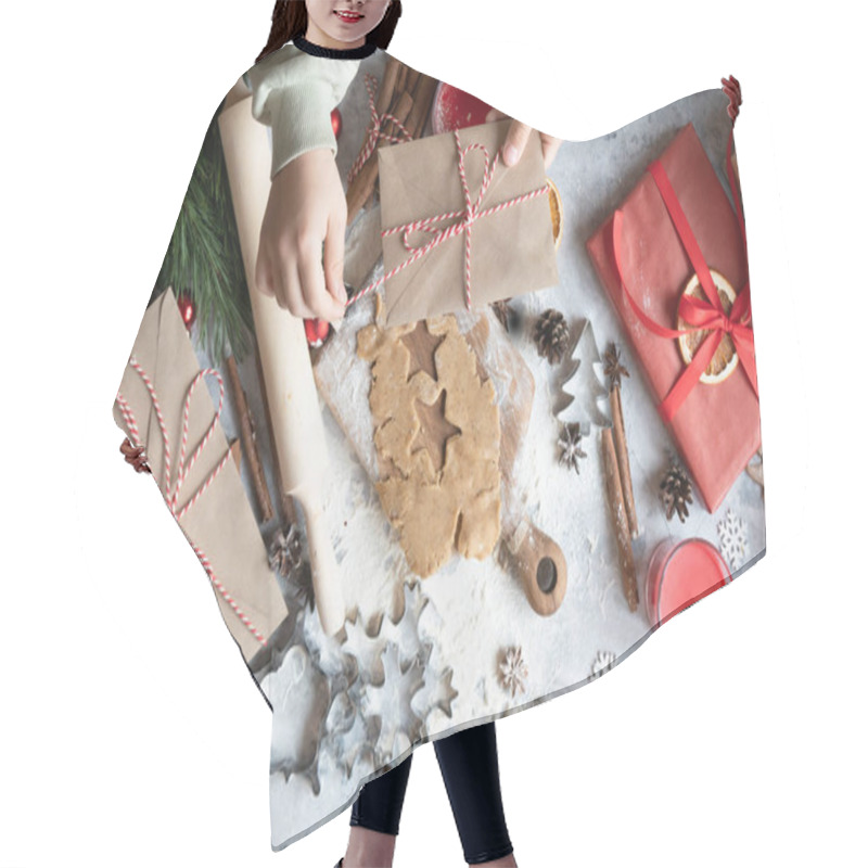 Personality  Christmas Background. Cutting Board And Gift Boxes Concept For Christmas . Hair Cutting Cape