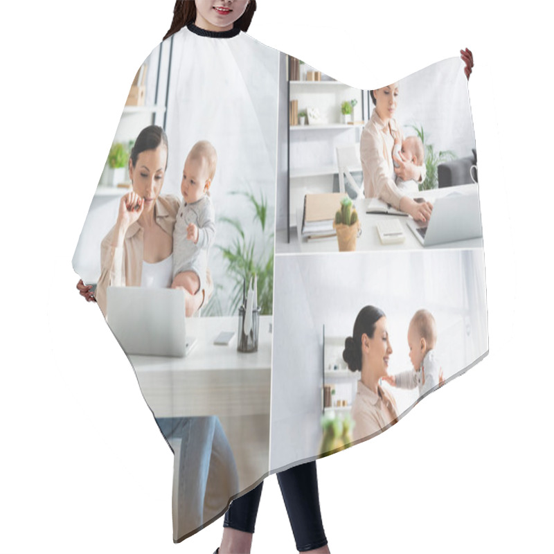 Personality  Collage Of Mother Working From Home And Holding In Arms Cute Baby Boy  Hair Cutting Cape