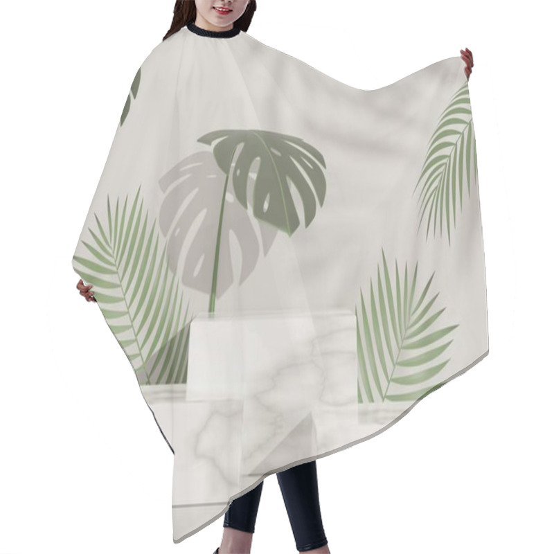 Personality  3d Render Of Abstract Pedestal Podium Display With Tropical Monstera Leaves. Product And Promotion Concept For Advertising. Green Natural Background. Hair Cutting Cape