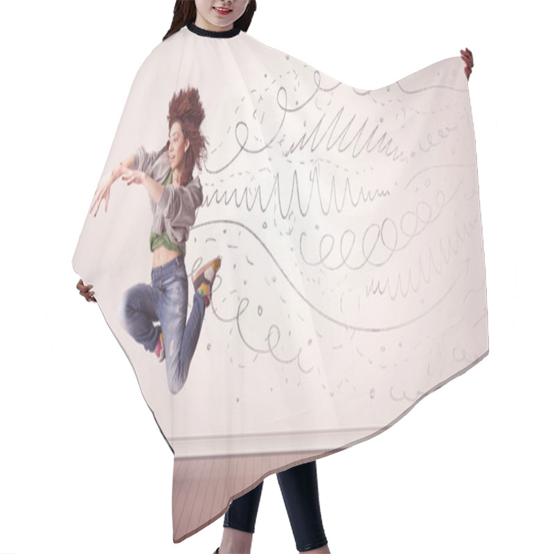 Personality  Pretty Woman Jumping With Hand Drawn Lines And Arrows Come Out Hair Cutting Cape