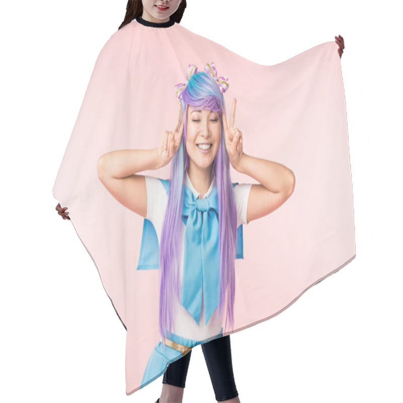 Personality  Happy Anime Girl In Purple Wig Showing Peace Signs With Closed Eyes On Pink Hair Cutting Cape