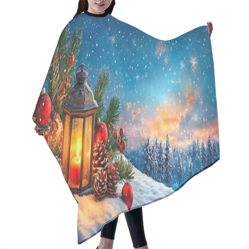 Personality  Festive Winter Scene With A Lantern, Pine Branches, And Ornaments Under Falling Snow. Hair Cutting Cape