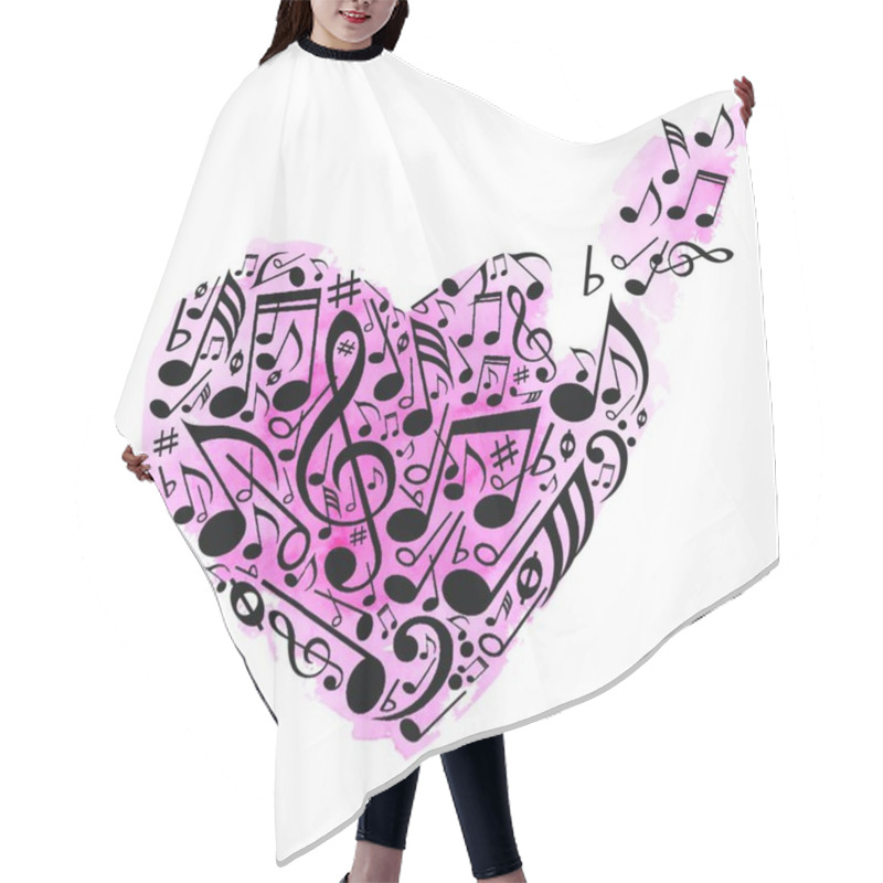 Personality  Abstract Heart Of Musical Notes On A White Background With Pink Watercolor Texture. Vector Illustration. Hair Cutting Cape