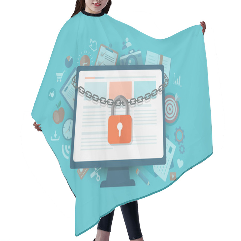 Personality  Flat Illustration Of Security Center. Lock With Chain Around Lap Hair Cutting Cape