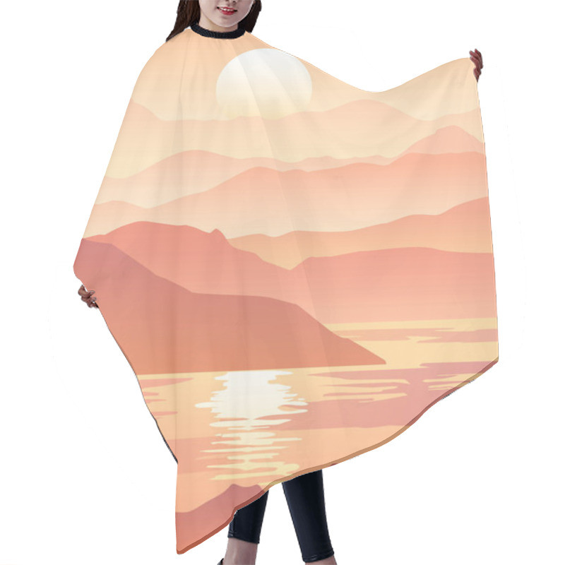 Personality  Sunrise Or Sunset In The Mountains And The Sea, Panorama, Landscape, Vector Illustration. Hair Cutting Cape