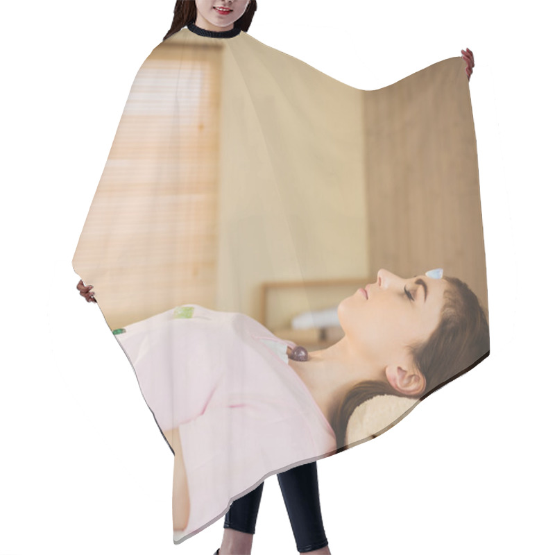 Personality  Young Woman At Crystal Healing Session Hair Cutting Cape